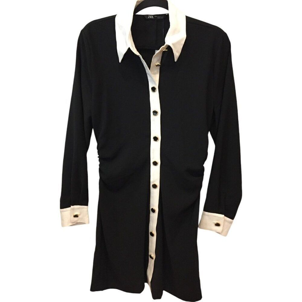 Zara Women Shirt Dress XS Black Crepe Mini Fitted Ruched Long Sleeve 3897/165 NW